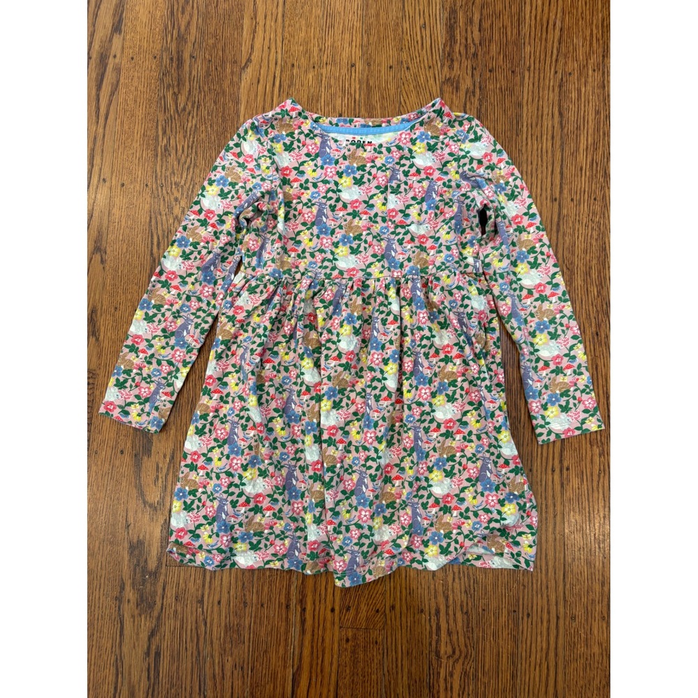 Mini Boden Girls Pink Woodland Bunny Floral Long Sleeve Jersey Dress 7-8Y